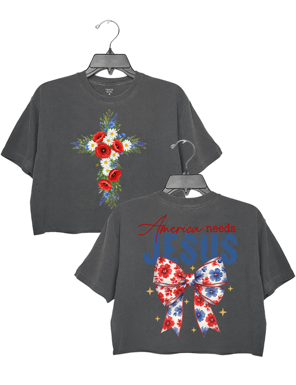 America Needs Jesus Christian Floral Cross Patriotic Coquetle Crop Top