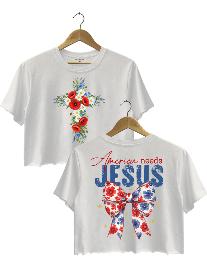 America Needs Jesus Christian Floral Cross Patriotic Coquetle Crop Top