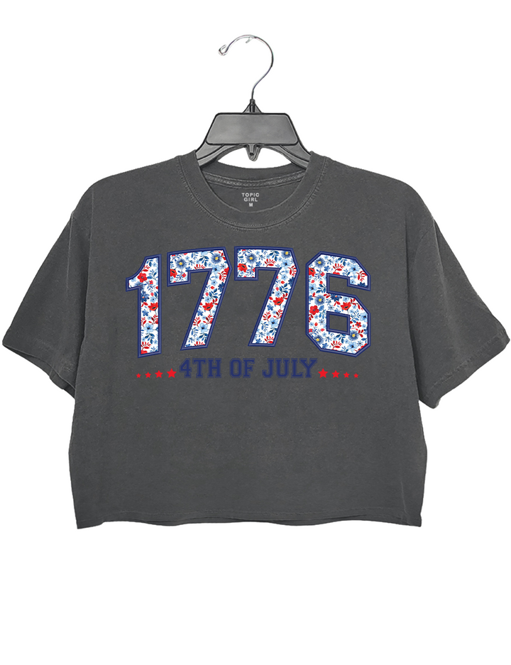 1776 Floral Varsity Patriotic Embroidered 4th Of July Crop Top