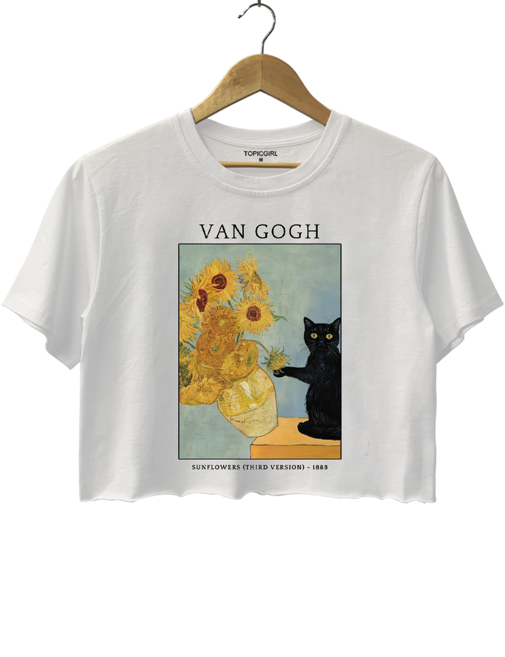 Van Gogh Sunflowers And Mischievous Cat Crop Top