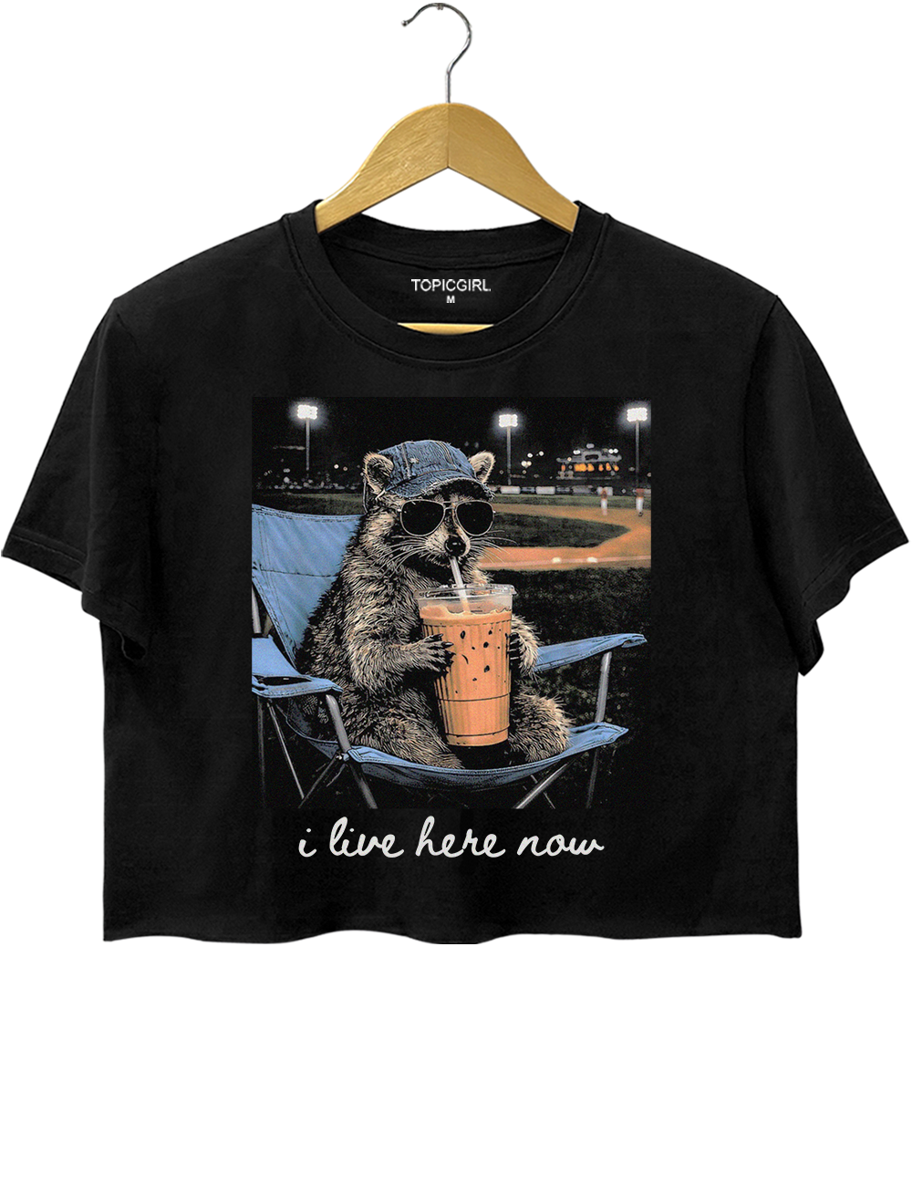 Funny Raccoon Baseball I Live Here Now Crop Top