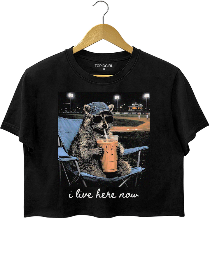 Funny Raccoon Baseball I Live Here Now Crop Top