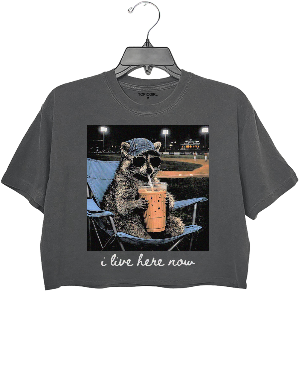 Funny Raccoon Baseball I Live Here Now Crop Top
