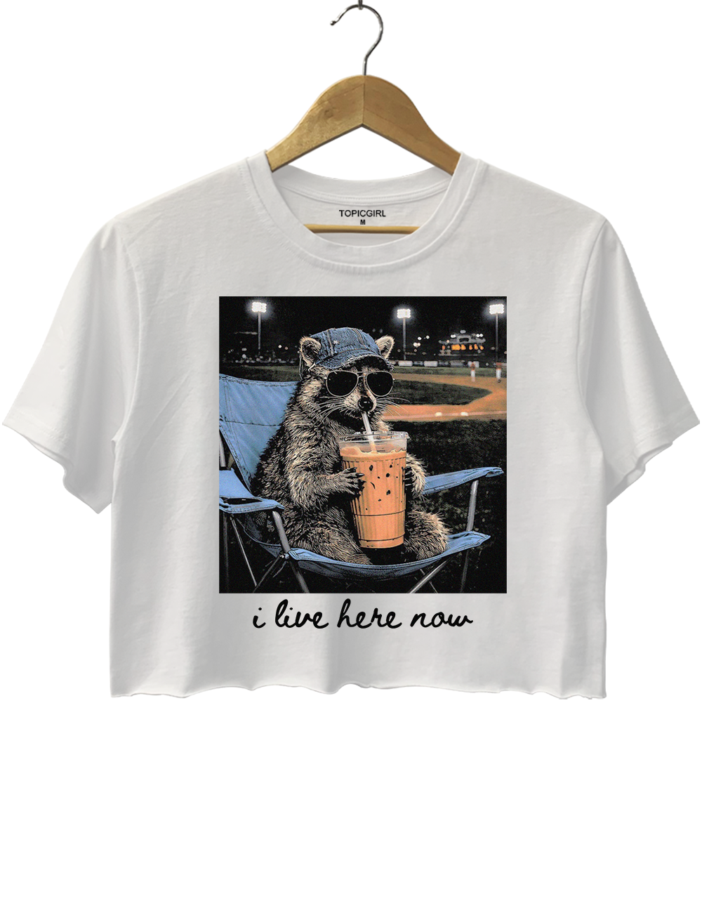 Funny Raccoon Baseball I Live Here Now Crop Top
