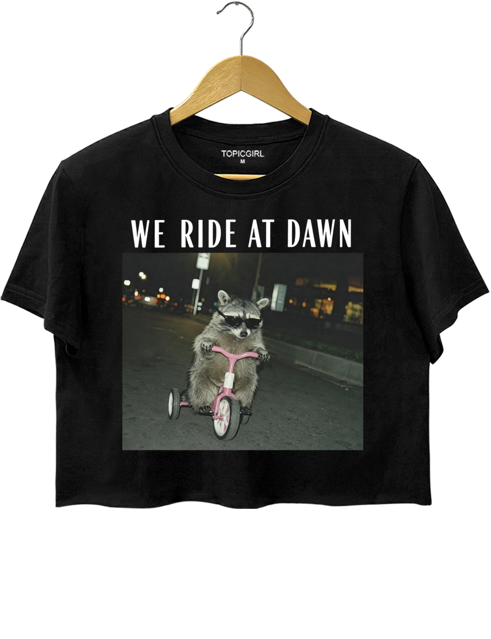 We Ride At Dawn Funny Racoon Crop Top