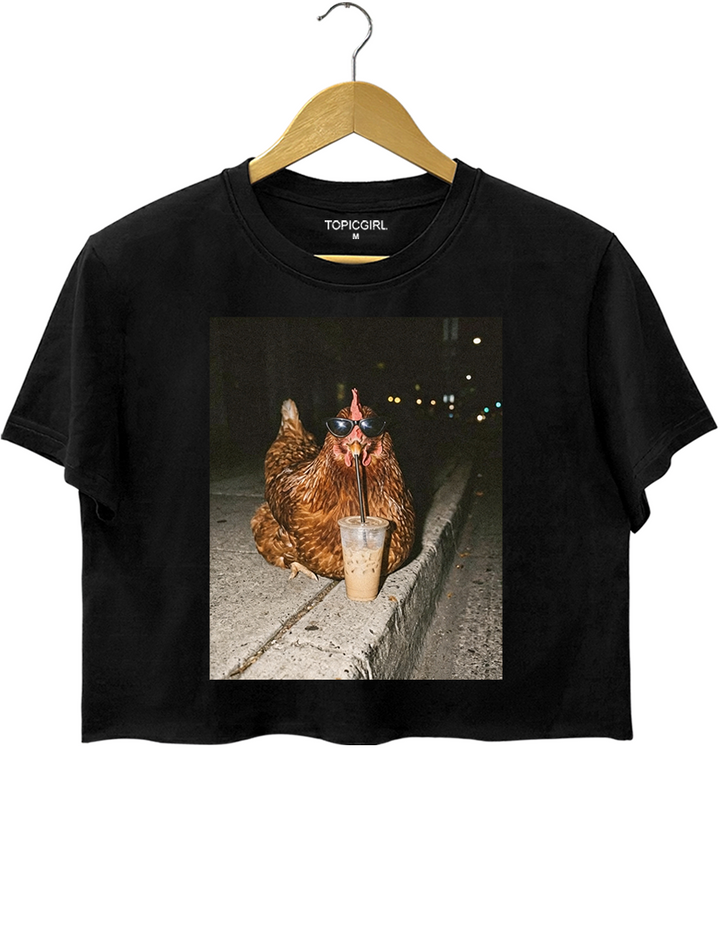 Chicken Drinking Iced Coffee Crop Top