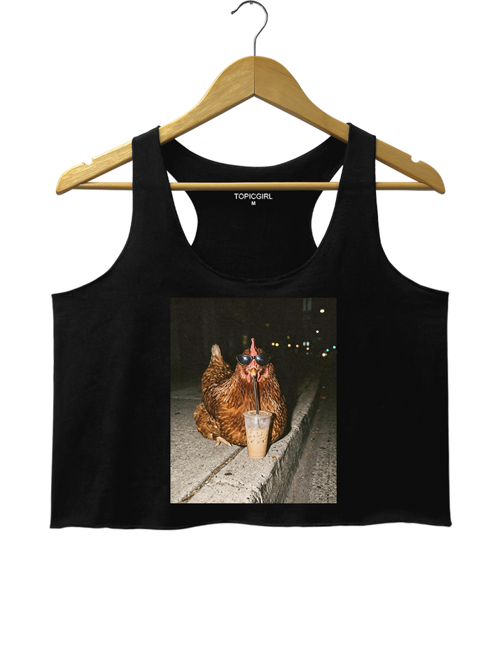 Chicken Drinking Iced Coffee Crop Tank Top