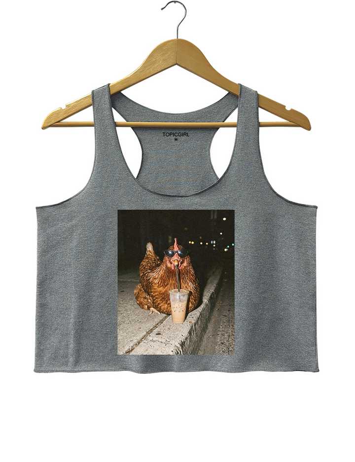 Chicken Drinking Iced Coffee Crop Tank Top