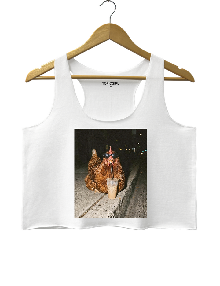 Chicken Drinking Iced Coffee Crop Tank Top
