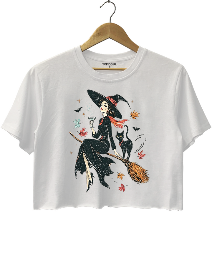 Vintage Witch &amp; Cat Ringer Crop Top
