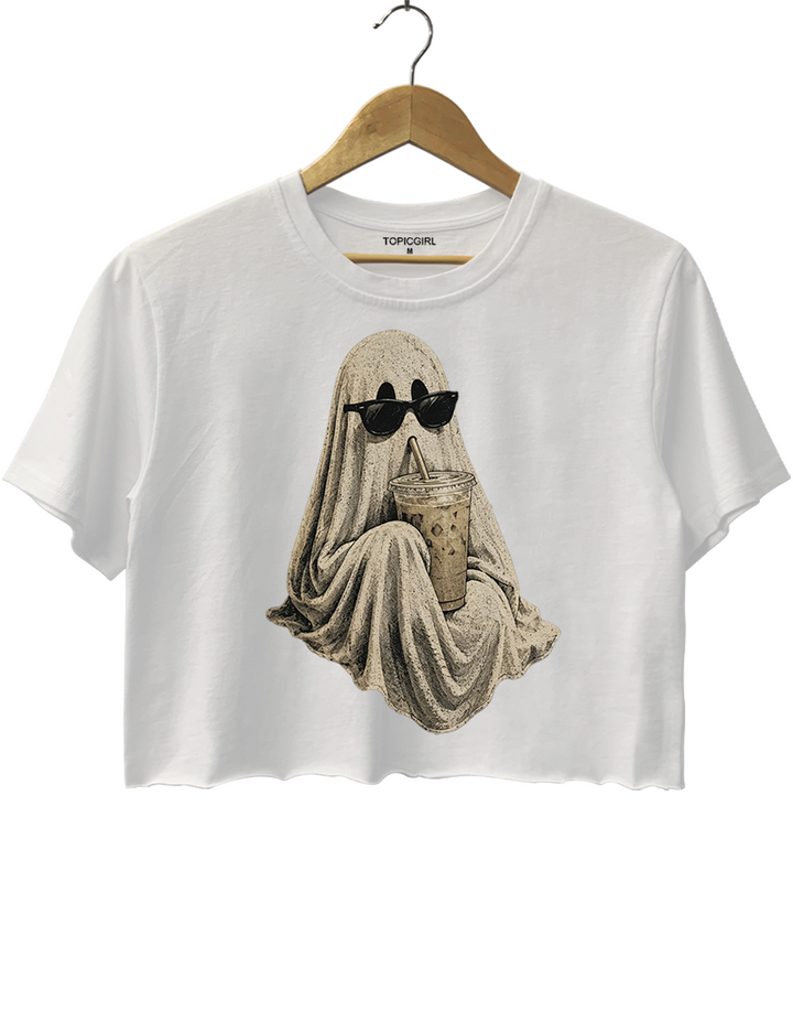 Ghost Drinking Coffee Crop Top
