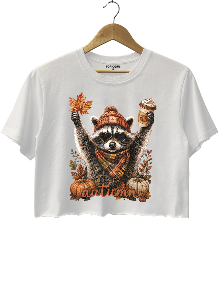 Funny Autumn Raccoon Crop Top