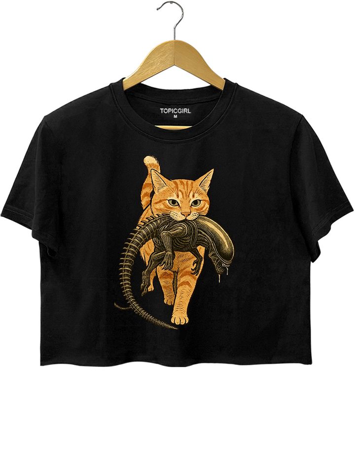 Cat Carrying Alien Funny Crop Top