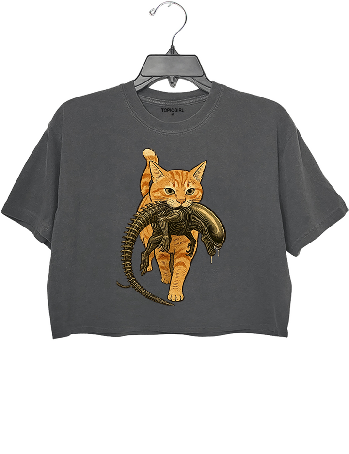 Cat Carrying Alien Funny Crop Top