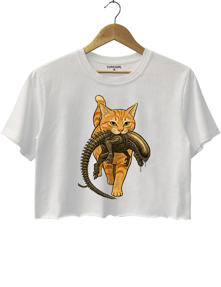 Cat Carrying Alien Funny Crop Top