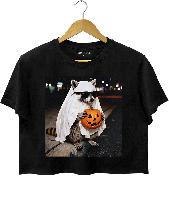 Raccoon Ghost Halloween Crop Top