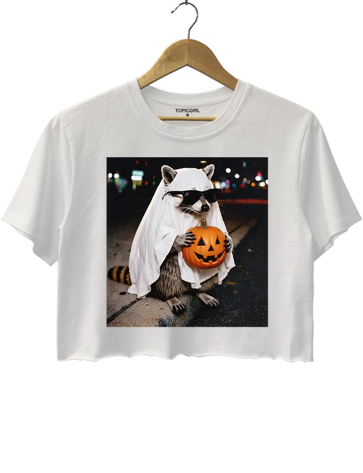 Raccoon Ghost Halloween Crop Top