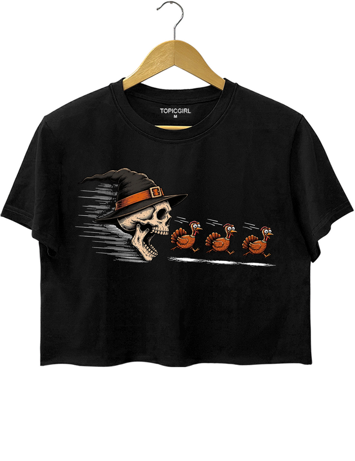 Skeleton Chasing Turkeys Crop Top
