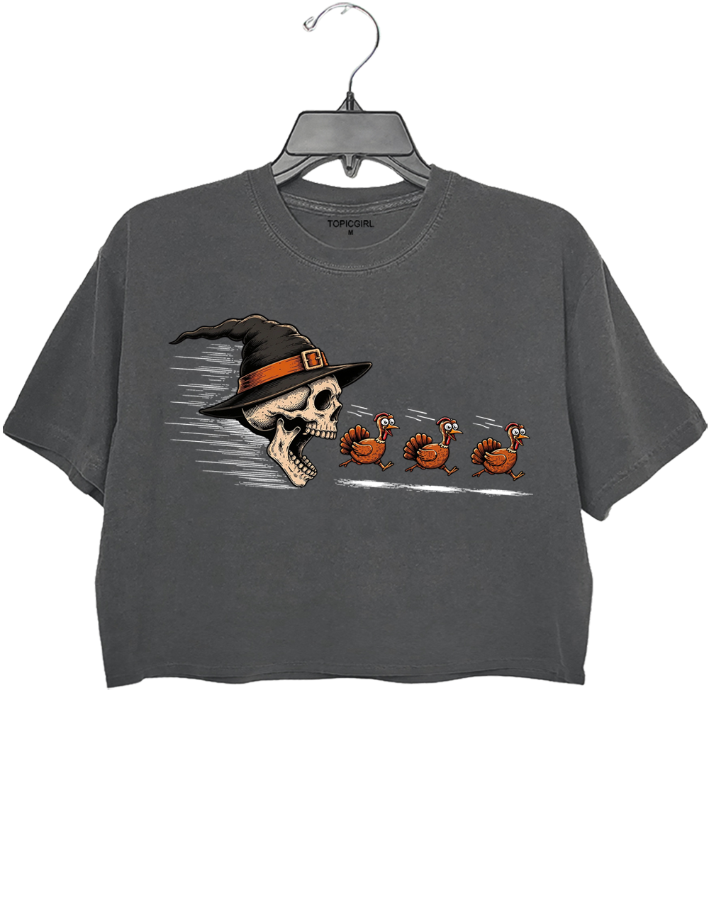Skeleton Chasing Turkeys Crop Top