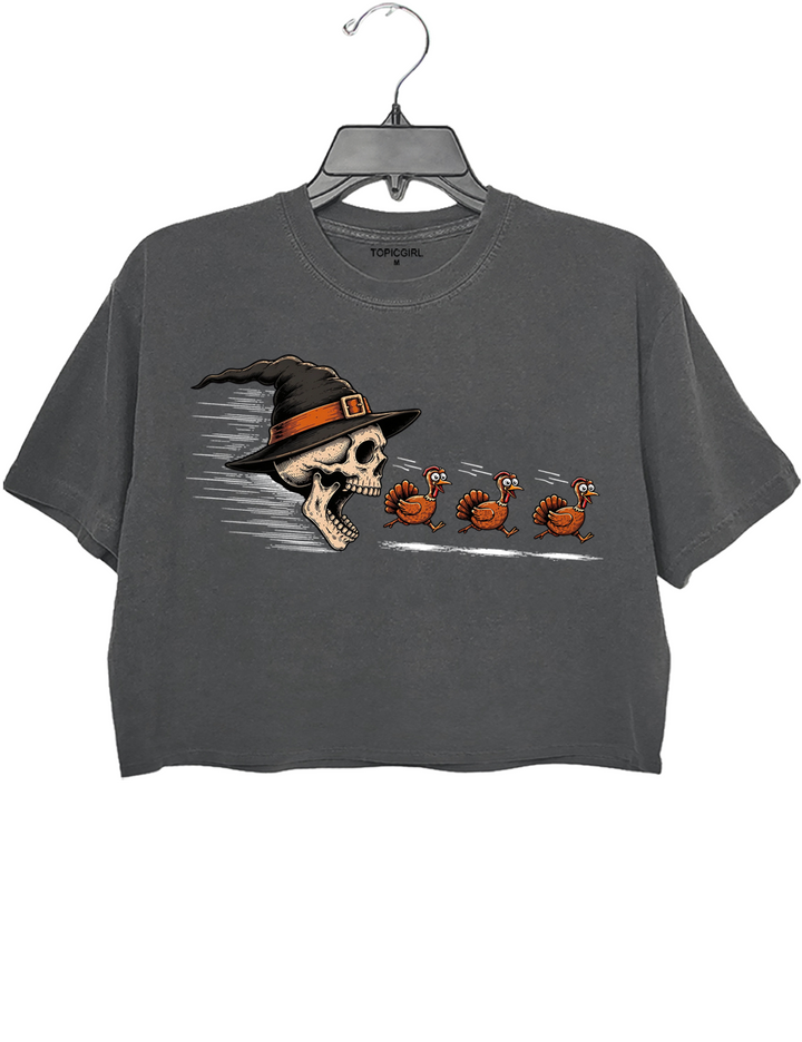 Skeleton Chasing Turkeys Crop Top