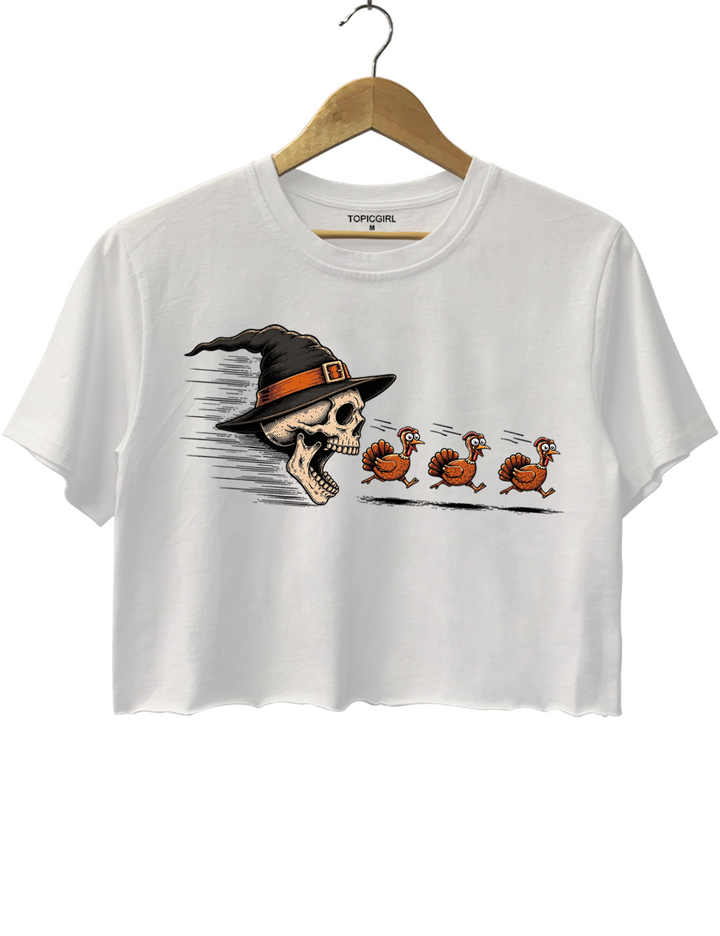 Skeleton Chasing Turkeys Crop Top