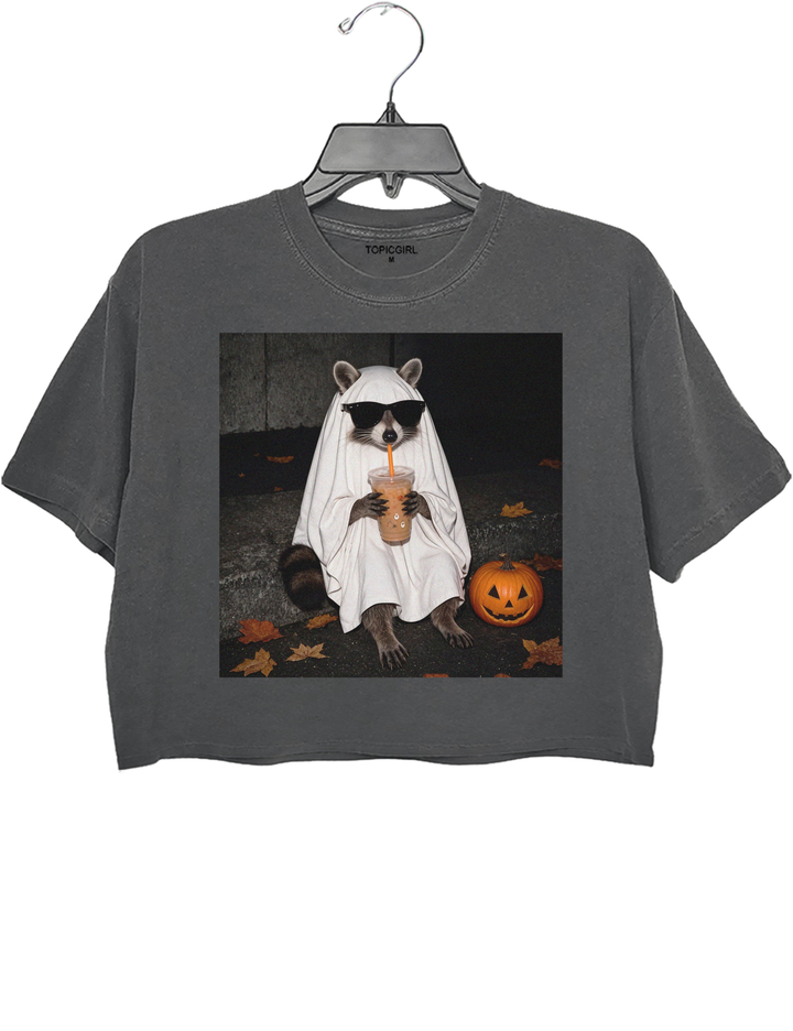 Ghost Raccoon Coffee Funny Halloween Crop Top