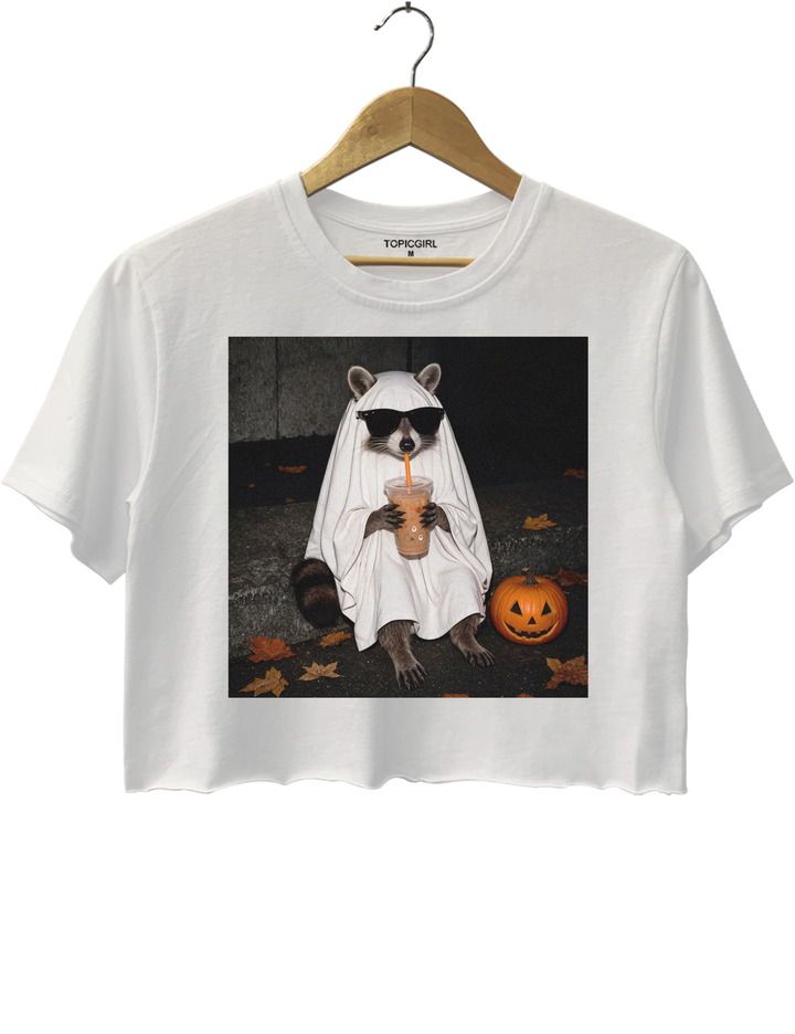 Ghost Raccoon Coffee Funny Halloween Crop Top