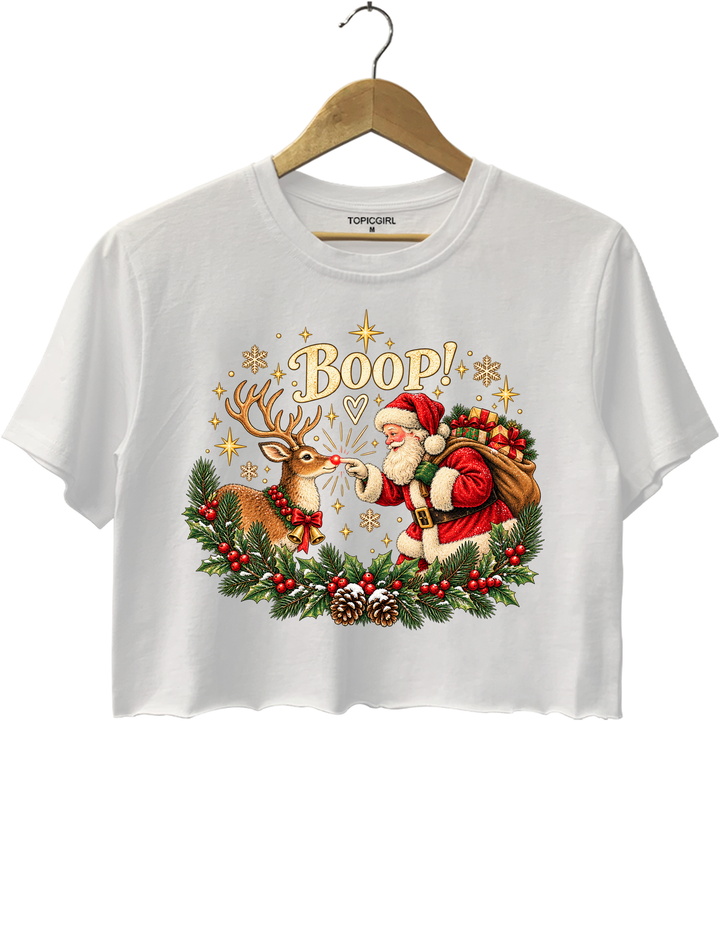 Vintage Santa Rudolph Christmas Boop Crop Top - White