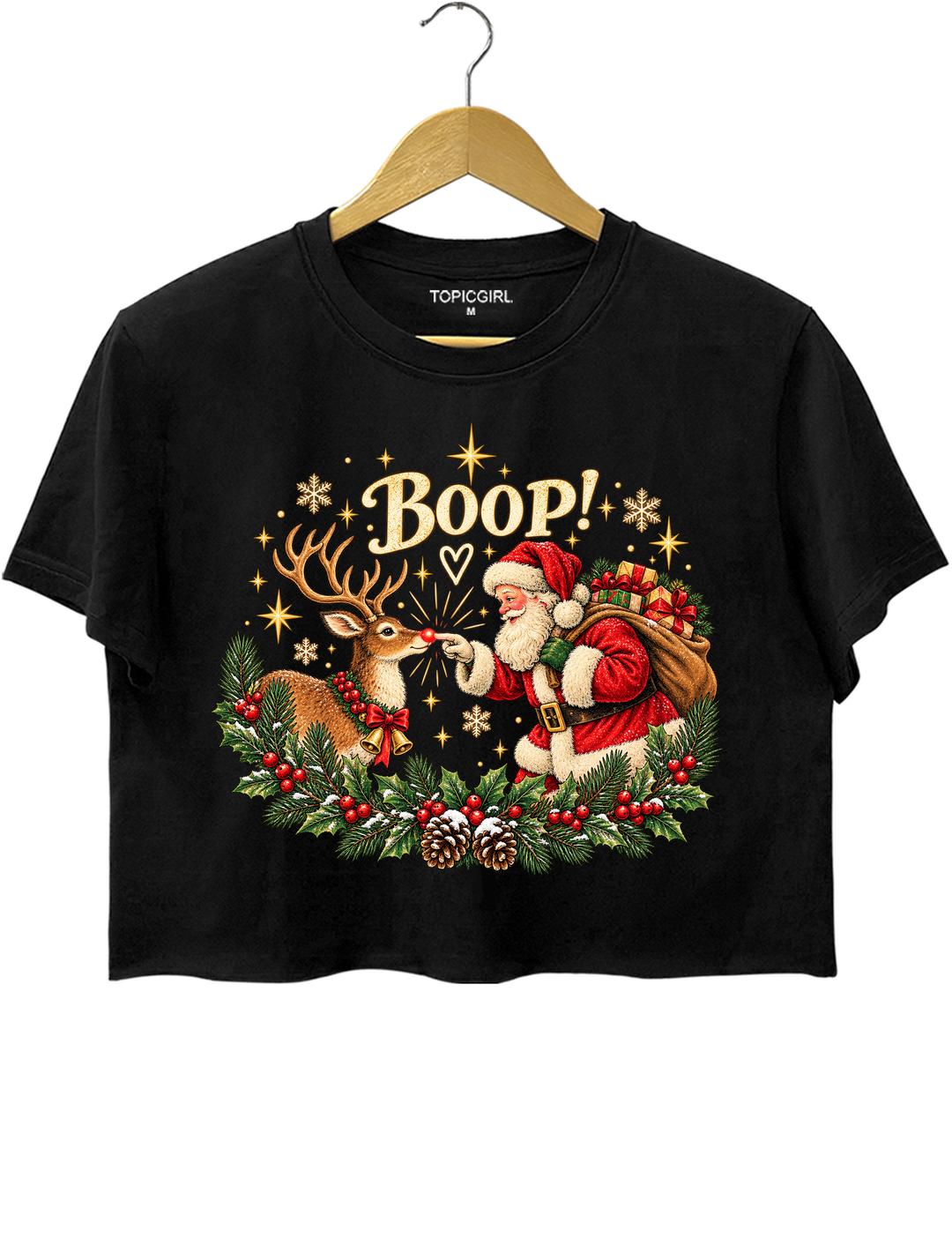 Vintage Santa Rudolph Christmas Boop Crop Top - Black