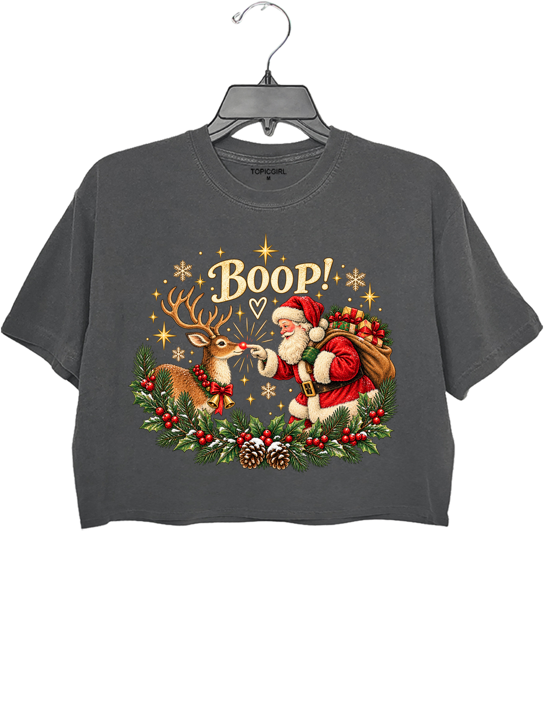 Vintage Santa Rudolph Christmas Boop Crop Top - Gray