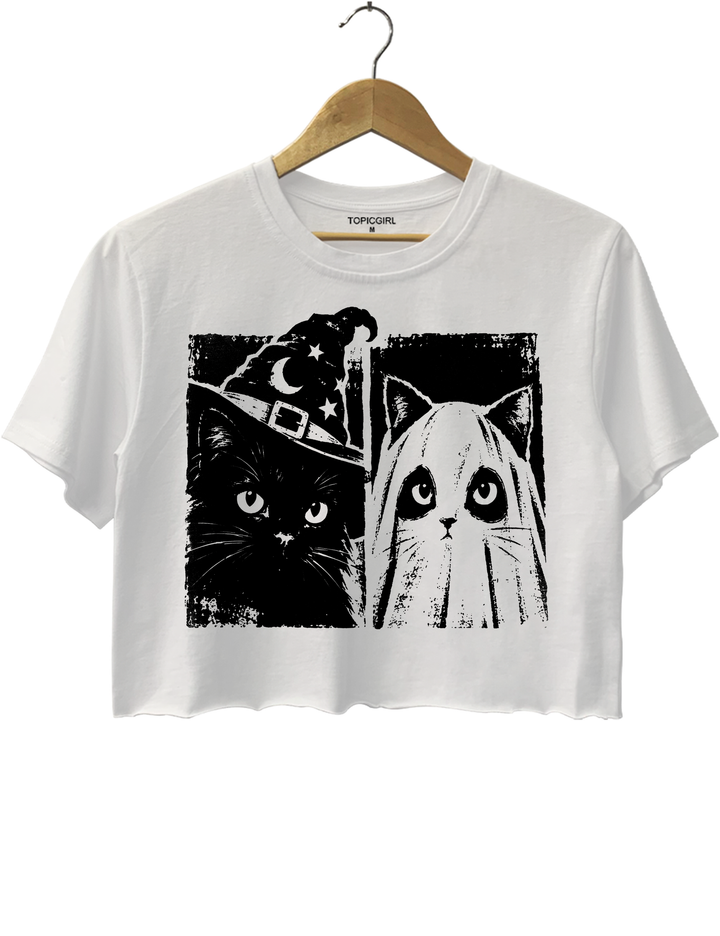 Vintage Witch Ghost Kitty Crop Top - White