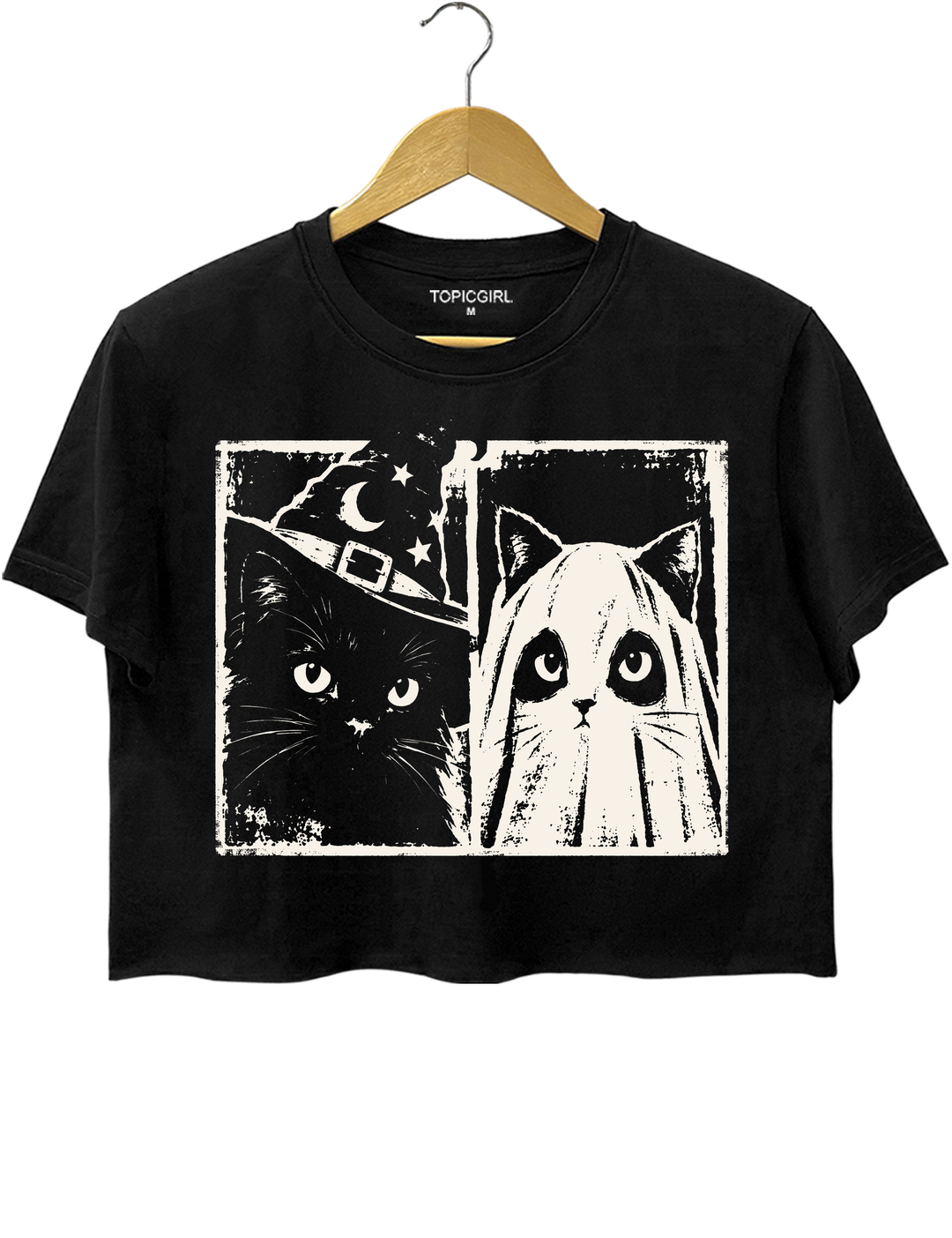 Vintage Witch Ghost Kitty Crop Top - Black