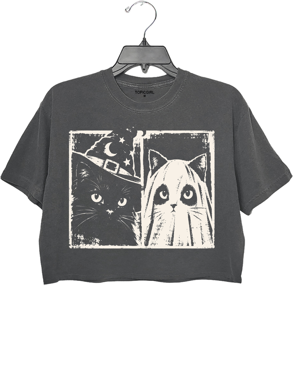 Vintage Witch Ghost Kitty Crop Top - Gray