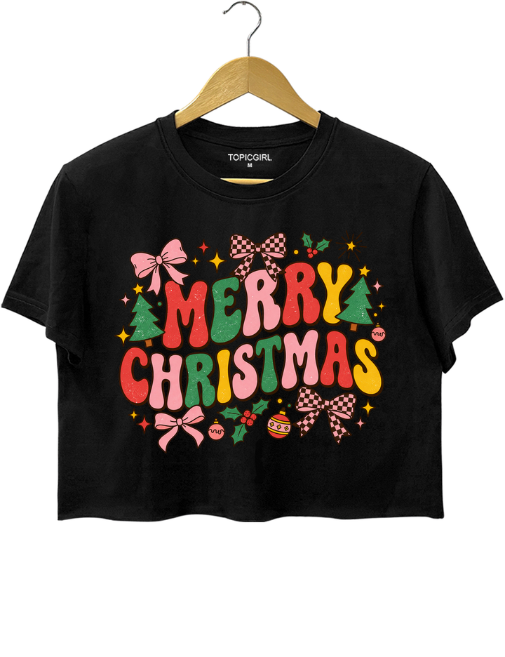 Retro Merry Christmas Crop Top - Black
