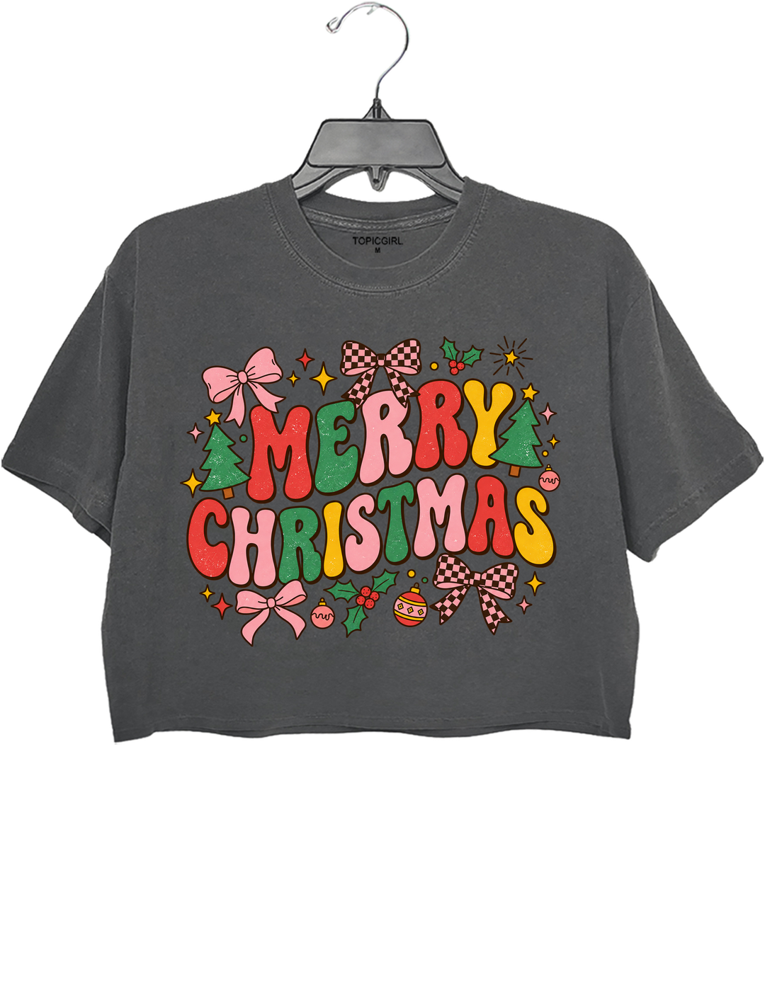 Retro Merry Christmas Crop Top - Gray