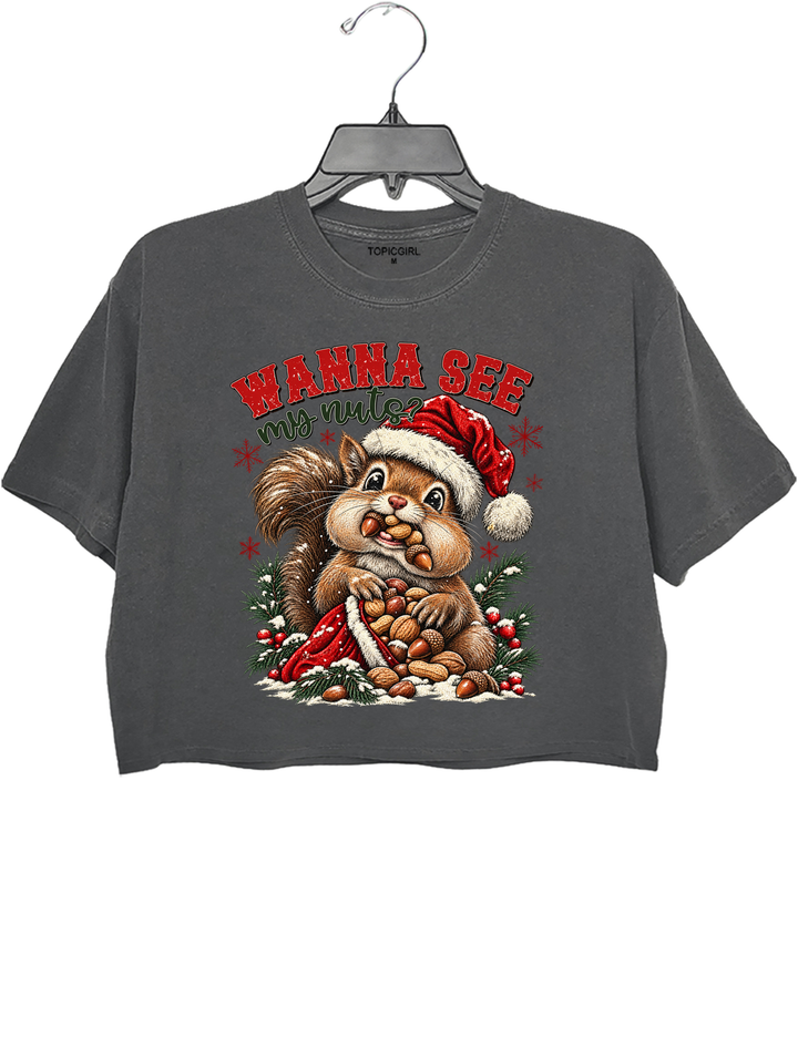Wanna See My Nuts Funny Christmas Crop Top - Gray