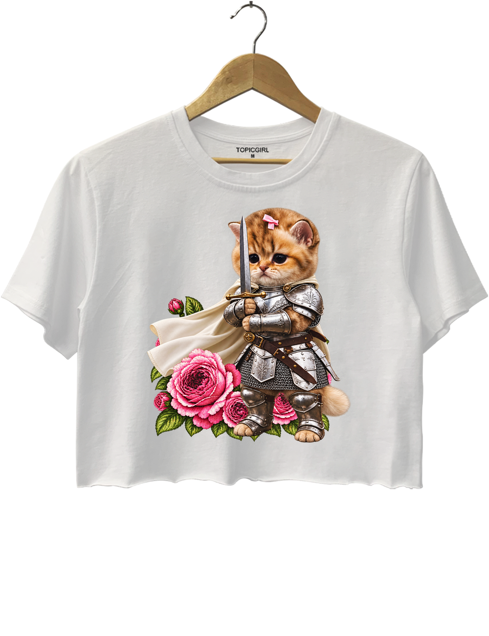 Knight Cat With Rose Vintage Crop Top - White