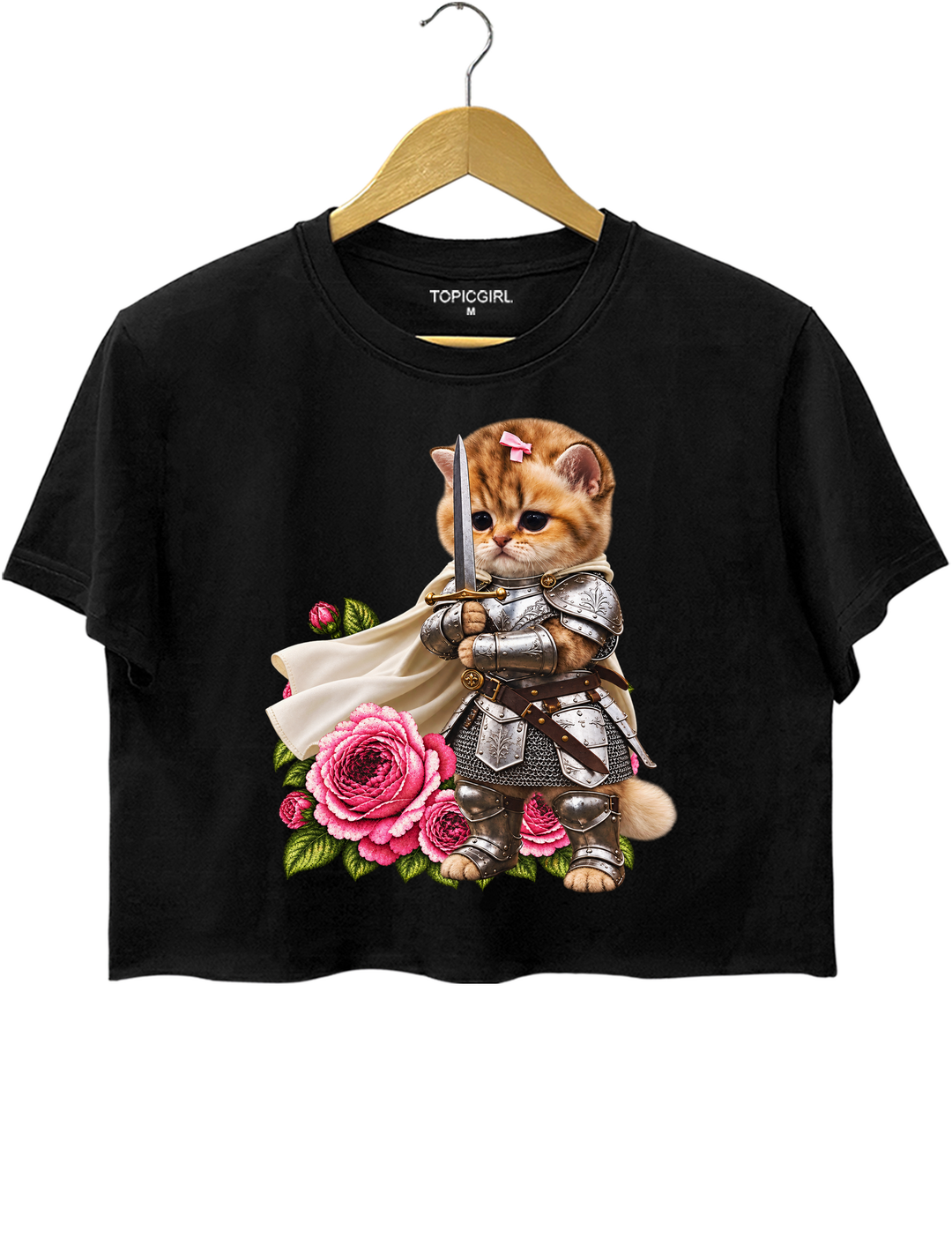 Knight Cat With Rose Vintage Crop Top - Black