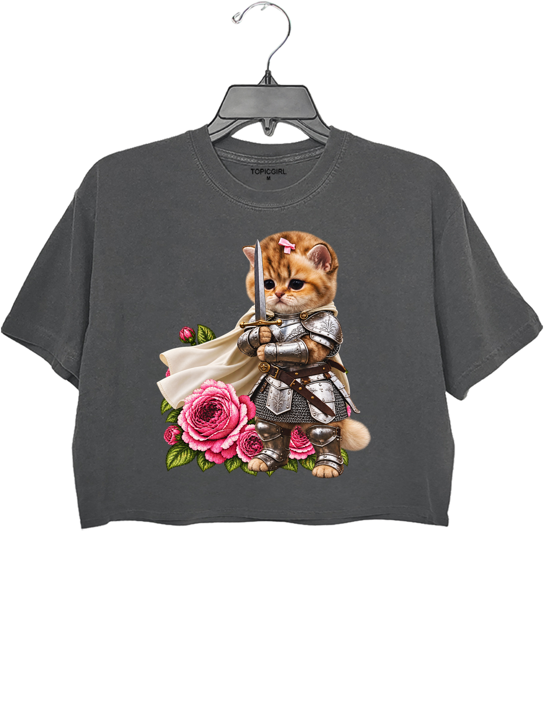 Knight Cat With Rose Vintage Crop Top - Gray