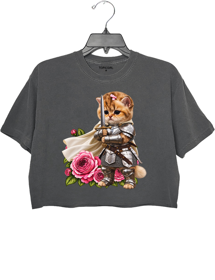 Knight Cat With Rose Vintage Crop Top - Gray
