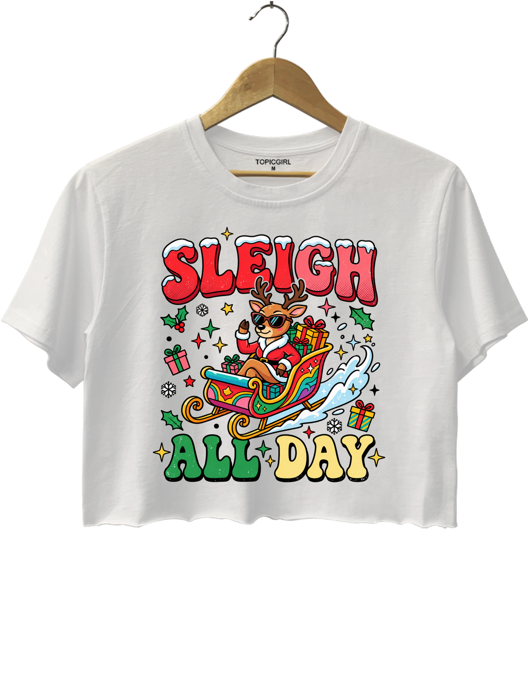 Sleigh All Day Retro Christmas Crop Top - White