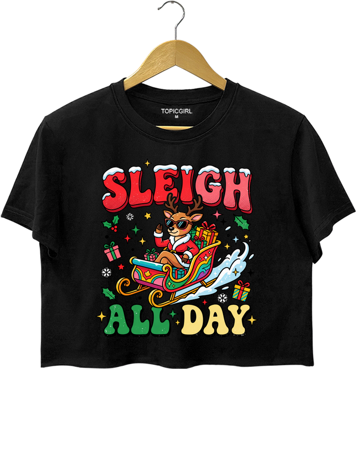 Sleigh All Day Retro Christmas Crop Top - Black