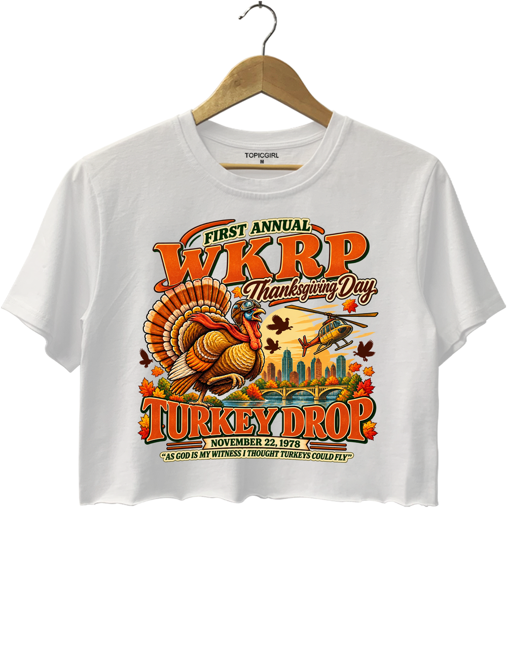 Funny Thanksgiving WKRP Turkey Drop Crop Top - White