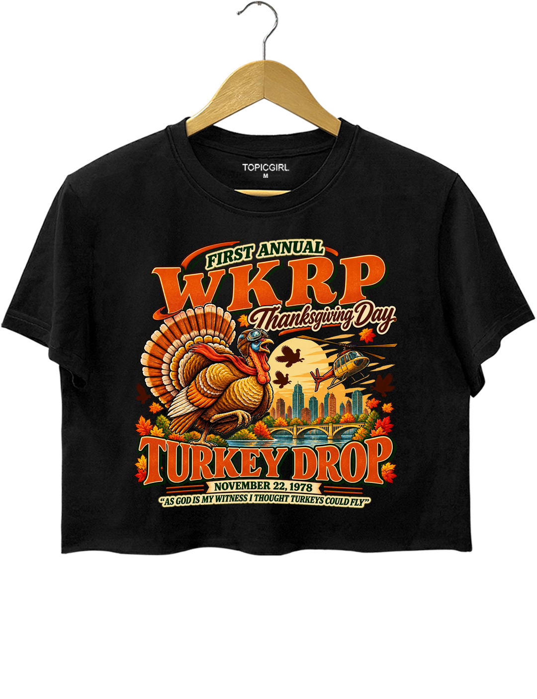 Funny Thanksgiving WKRP Turkey Drop Crop Top - Black