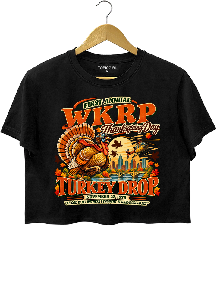Funny Thanksgiving WKRP Turkey Drop Crop Top - Black