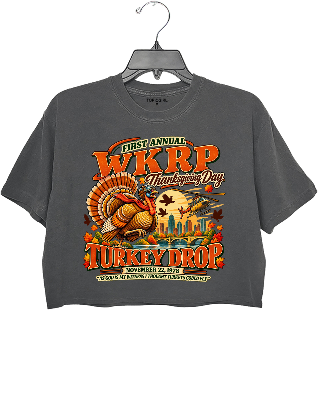 Funny Thanksgiving WKRP Turkey Drop Crop Top - Gray