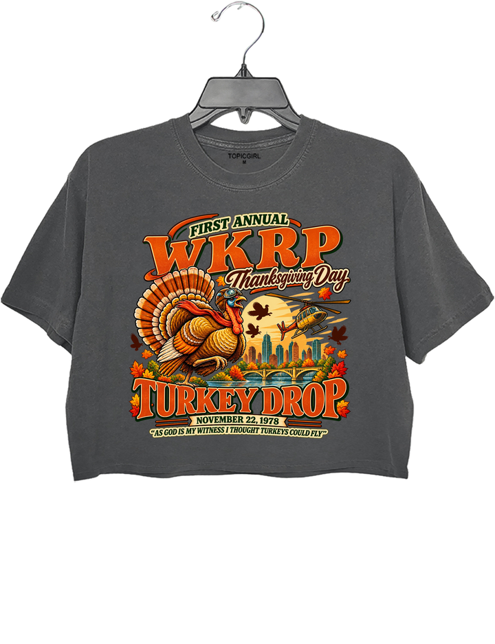 Funny Thanksgiving WKRP Turkey Drop Crop Top - Gray
