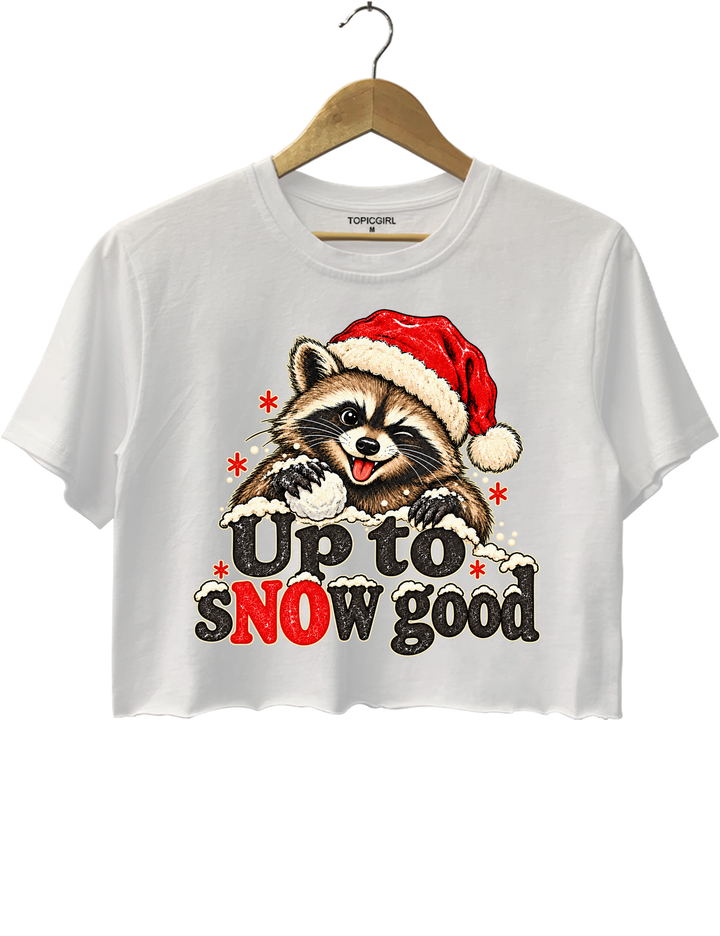 Funny Up To Snow Good Raccoon Christmas Crop Top - White