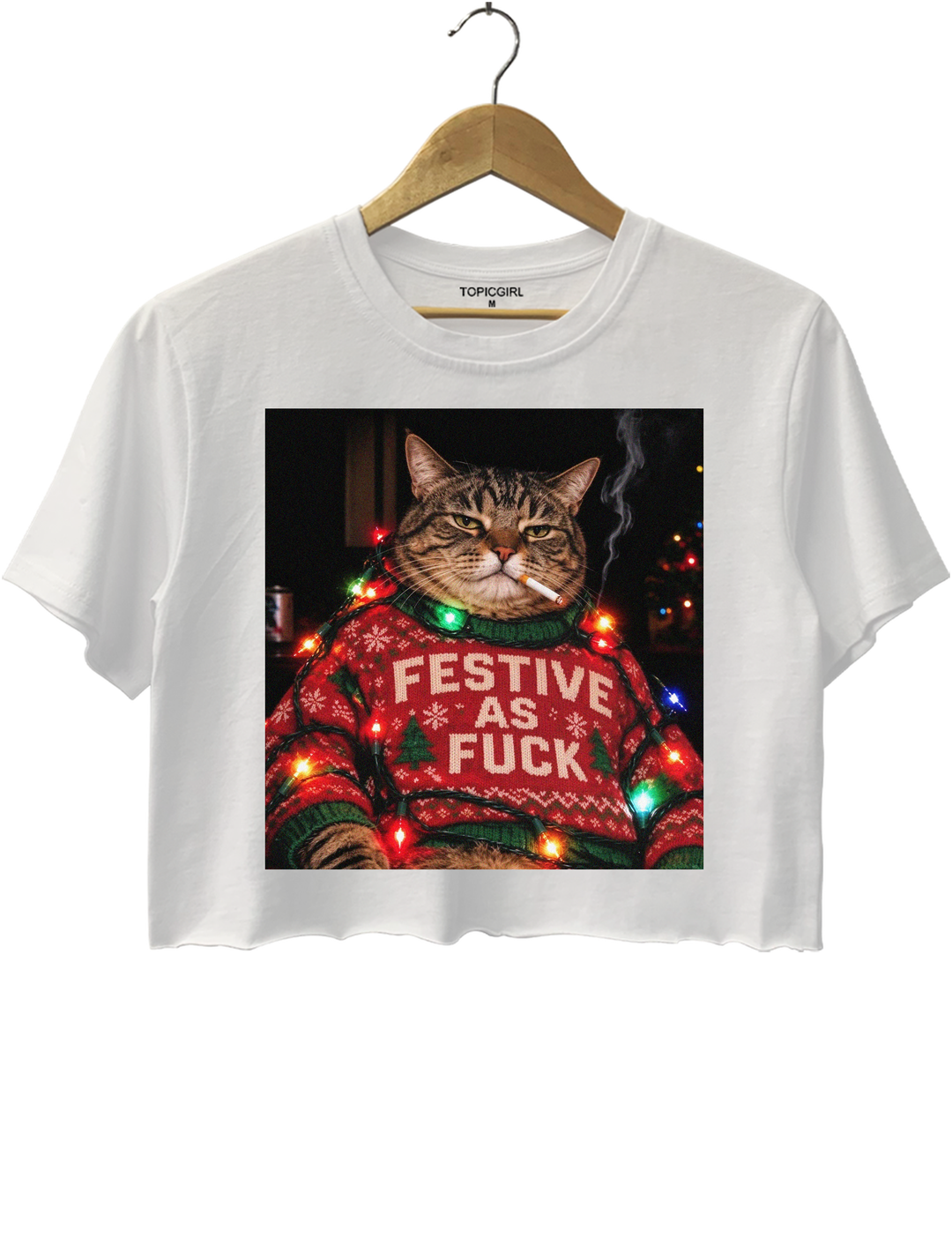 Funny Christmas Cat Crop Top - White