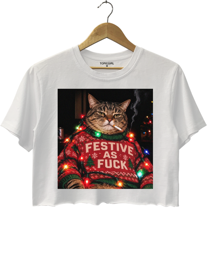 Funny Christmas Cat Crop Top - White